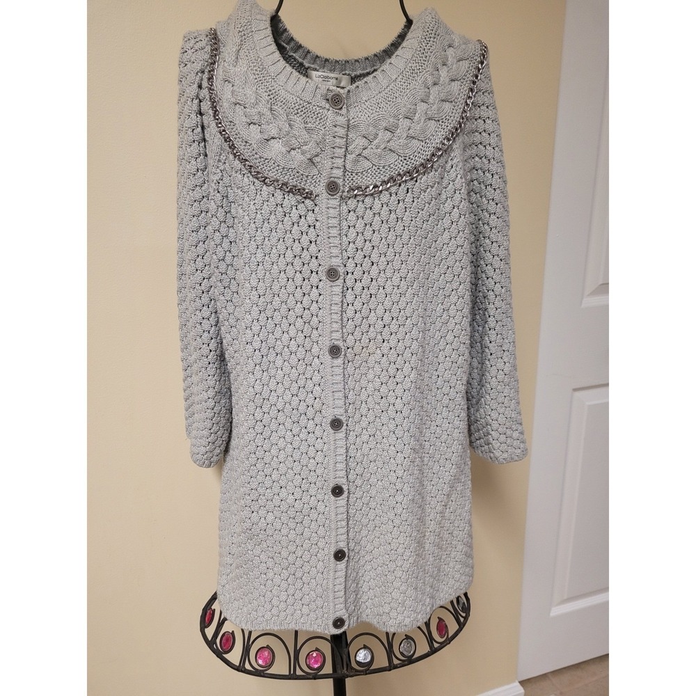 Liz Claiborne Womens Gray Vintage Cable Knit Chain Detail Cardigan Size M